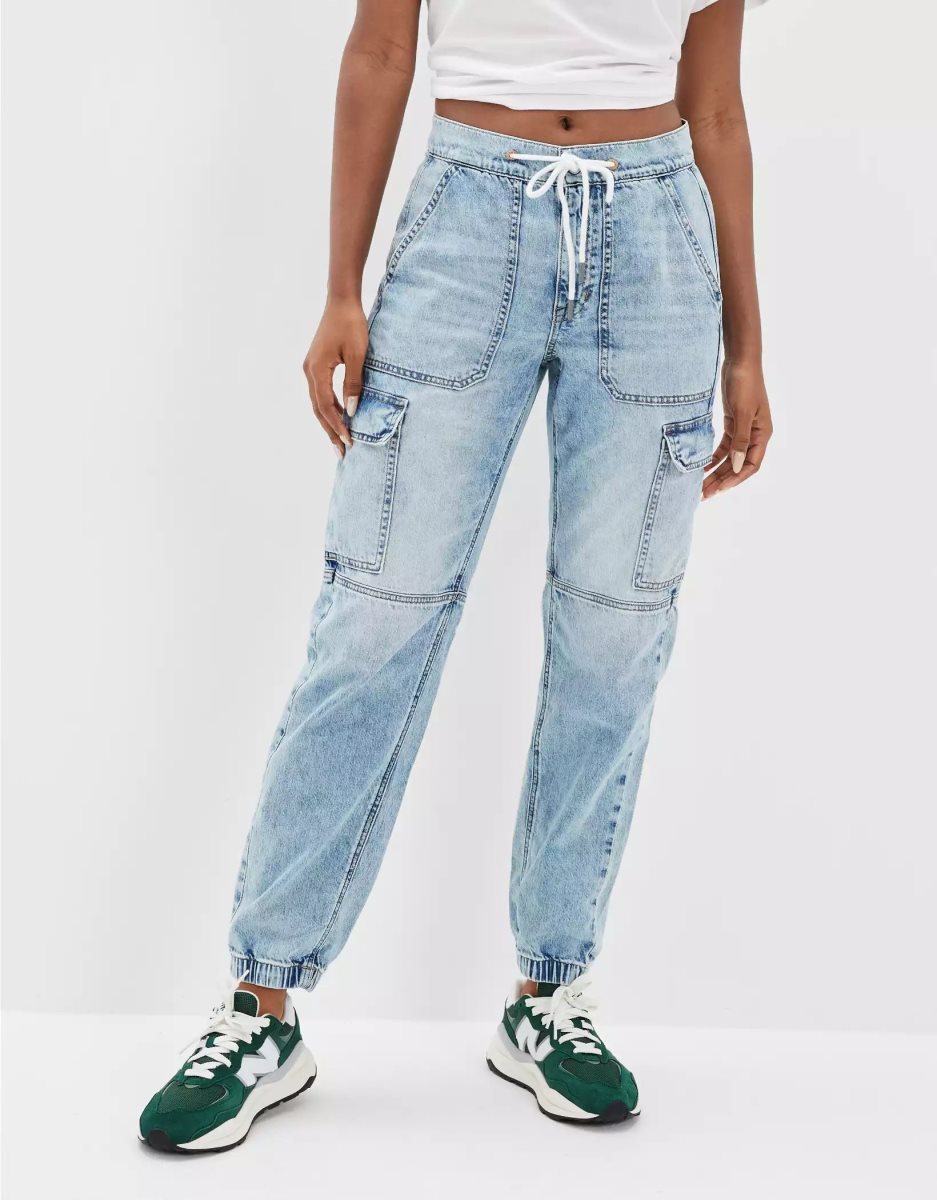 Jean American Eagle AE Super High-Waisted Cargo Denim Jogger Bleu Clair Femme | DLP-30344089